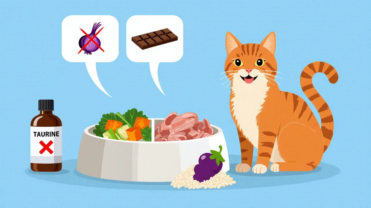 Блюдо для кота: 70% мяса, 20% овощей, 10% риса, бутылка таурина, рядом значки запрещённых продуктов.
