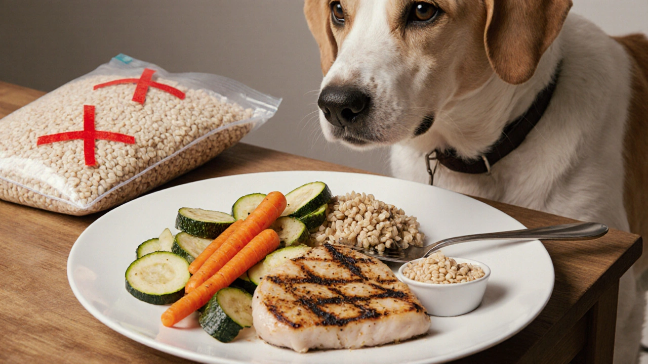Идеальный рацион собаки: курица, овощи и немного гречки, рядом — запрещённые крупы с крестами.