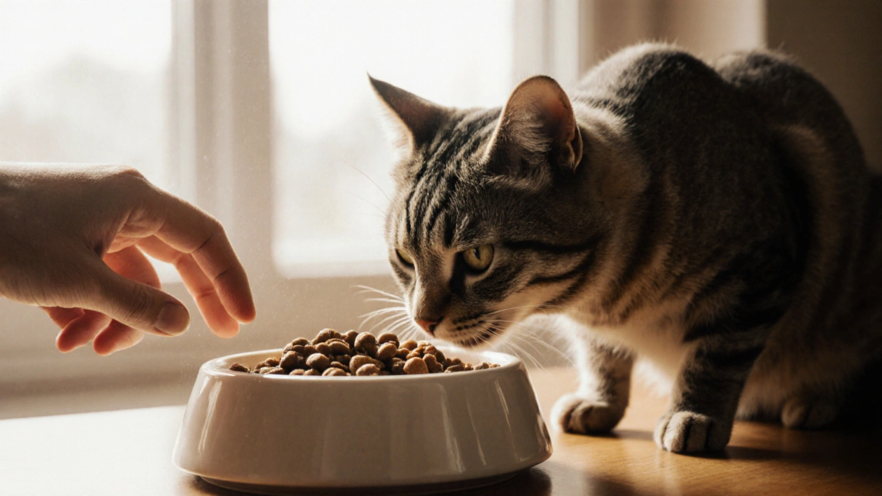 Кошка ест влажный корм из миски, еда тёплая, текстура влажная, свет мягкий.