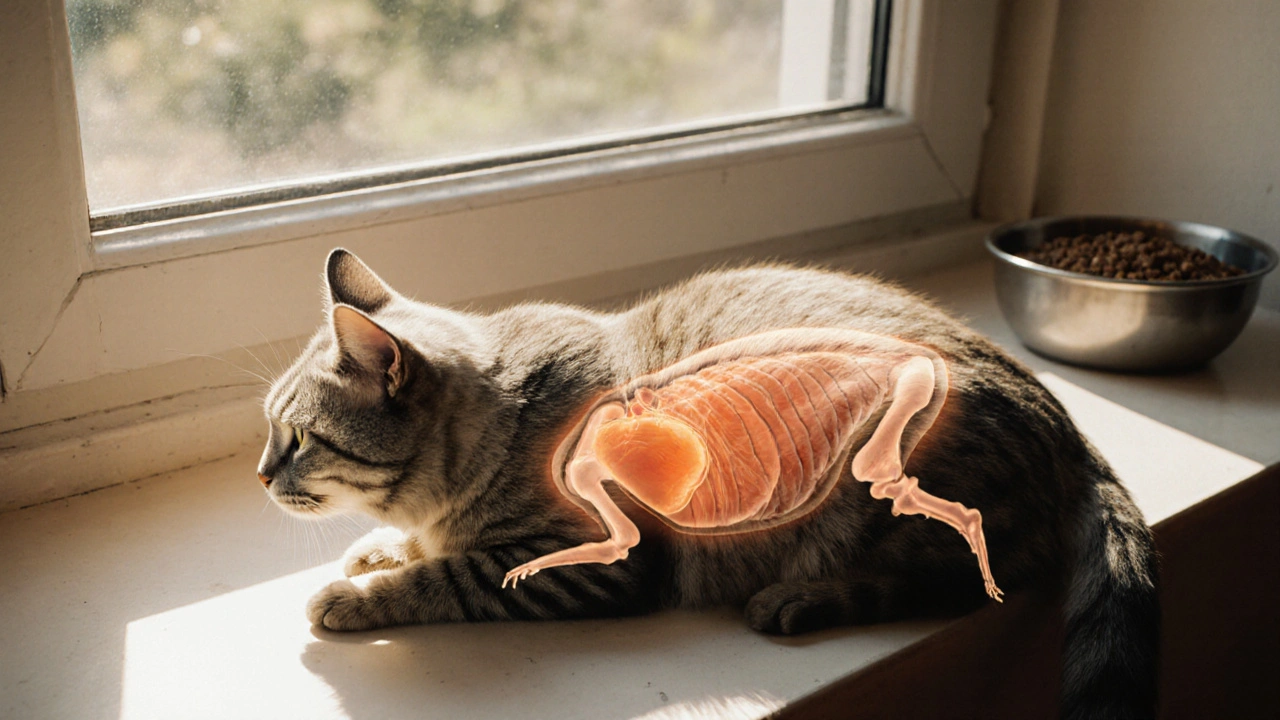 Пожилая кошка на солнечном подоконнике, с видимыми скрытыми повреждениями органов.