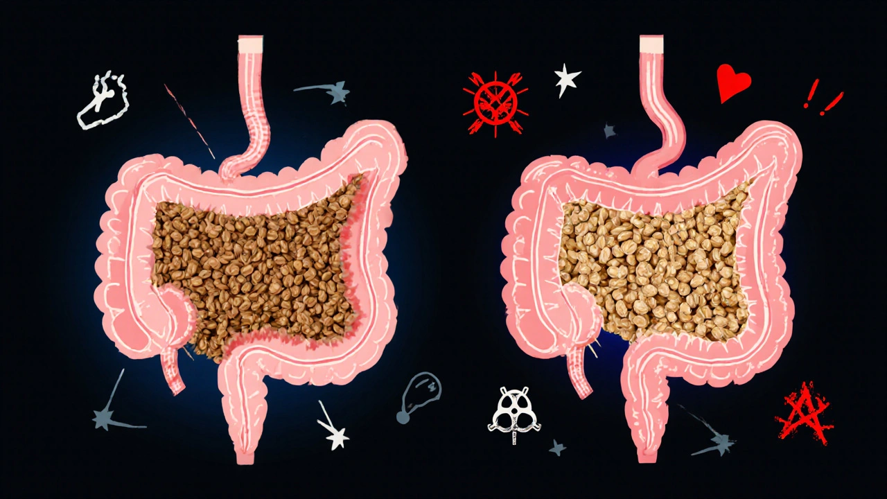 Схема пищеварительной системы собаки: здоровая с гречкой и воспалённая с пшеном.