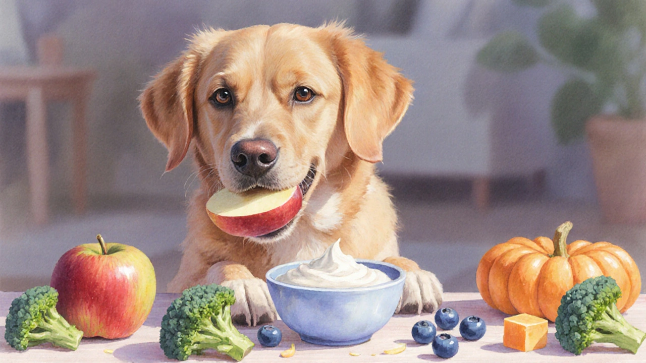 Собака ест яблоко и чернику с йогуртом среди безопасных овощей.