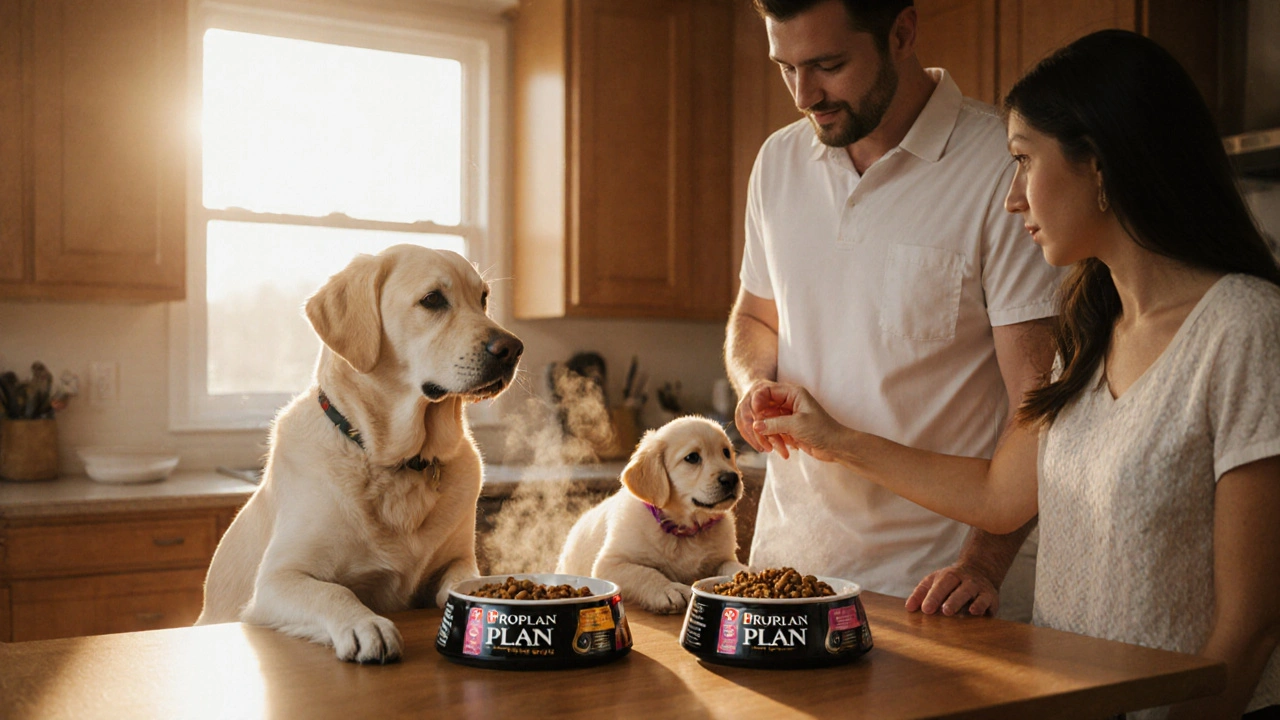 Собака получает подходящий корм Purina под советом ветеринара.