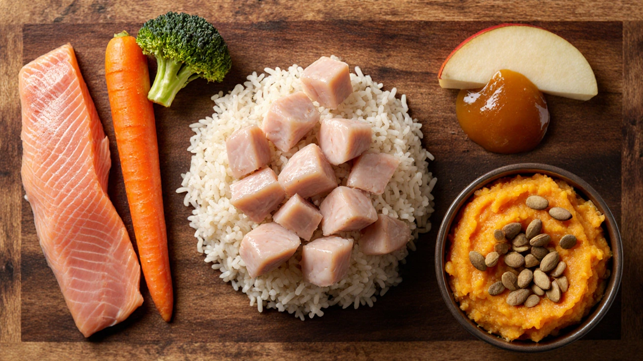 Тарелка домашнего рациона для собаки: курица, рыба, рис, овощи и тыква.