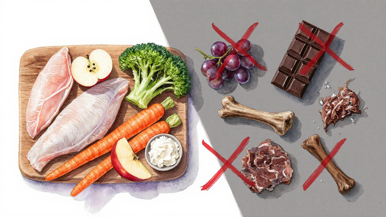 Тарелка с безопасными продуктами для собак рядом с отравляющими продуктами.