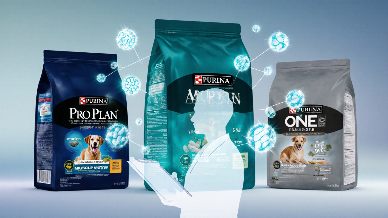 Три пакета Purina с визуальными символами питательных веществ.