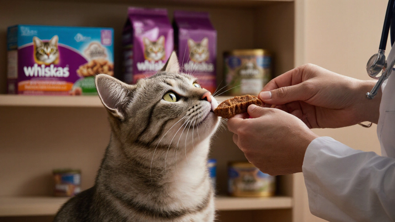 Ветеринар даёт пожилому коту натуральное лакомство, на полке — упаковки безопасного корма.