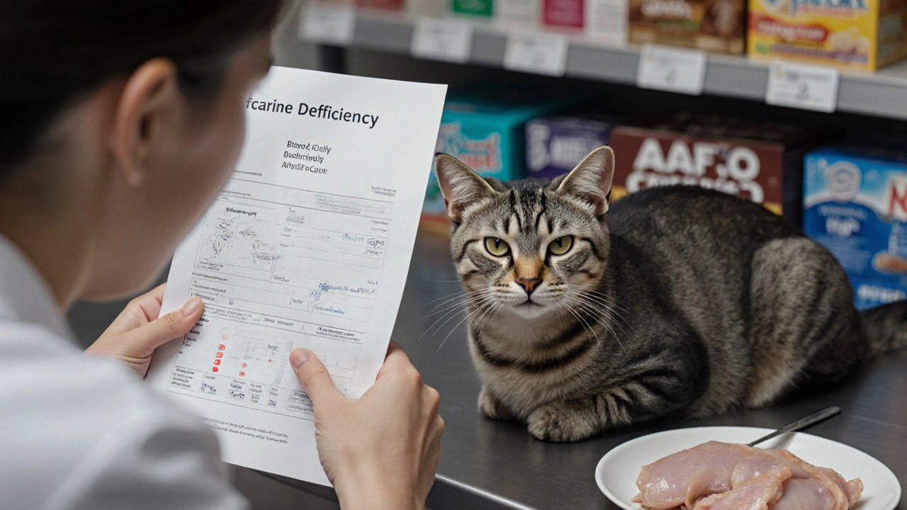Ветеринар осматривает истощенную кошку с анализом на таурин, на заднем плане — корма и вареная курица.