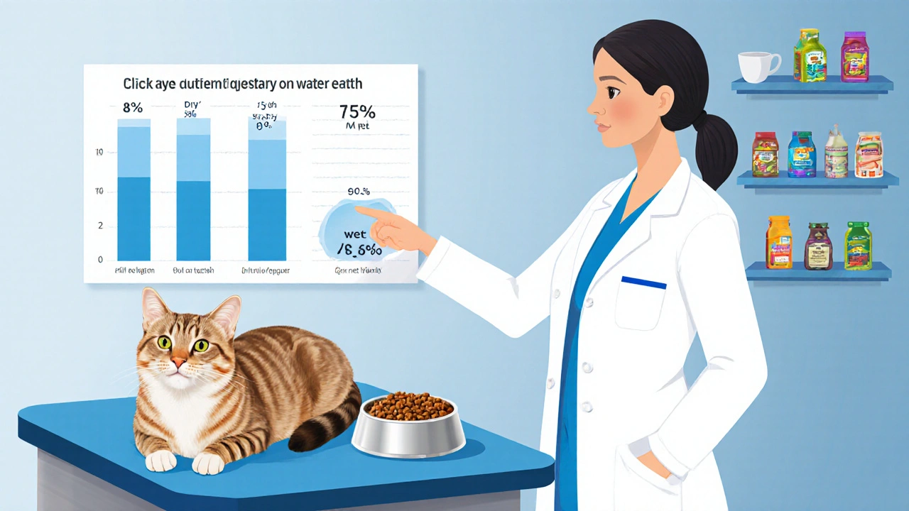 Ветеринар показывает схему питания кошки в клинике.