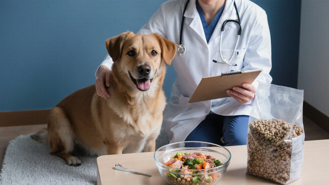 Ветеринар показывает здоровую собаку и правильный корм в клинике.