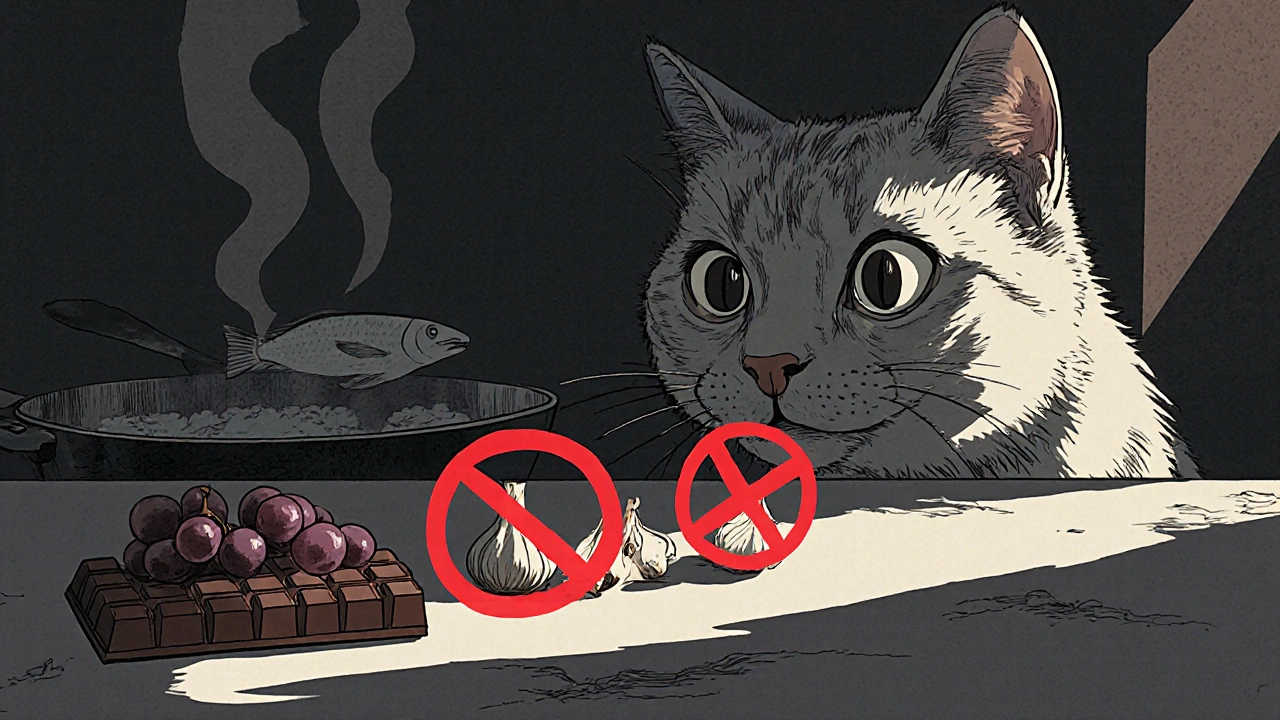 Запрещённые продукты для кошки: шоколад, виноград, чеснок с красными запрещающими значками.
