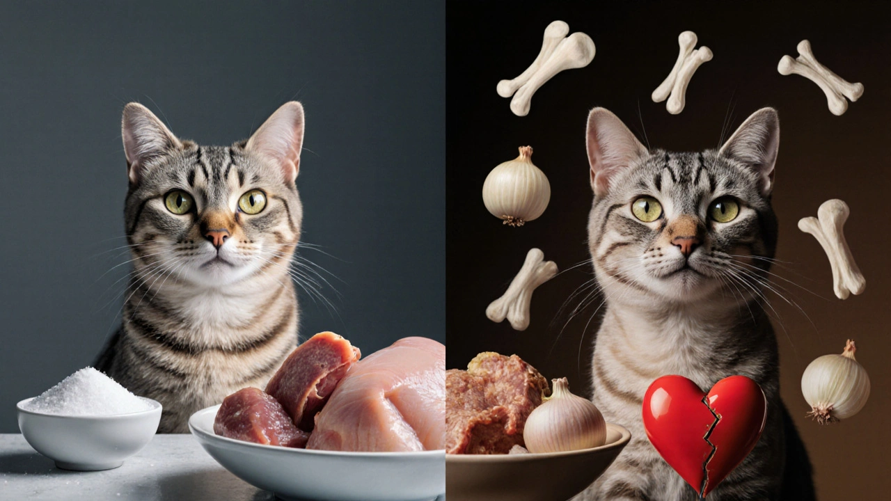 Два мира: здоровая кошка с сырой едой и больная кошка с токсинами вокруг нее.