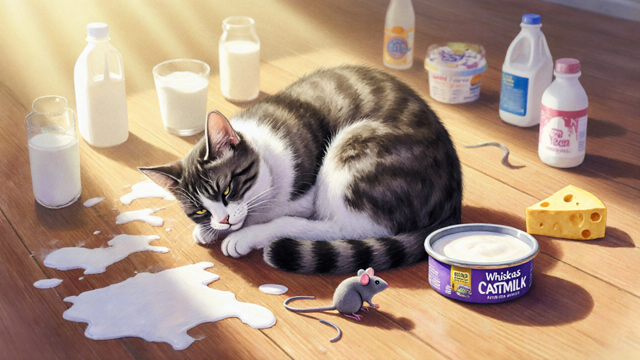 Кошка болеет после сметаны, рядом лежат вредные молочные продукты, но на фоне — безопасная альтернатива.