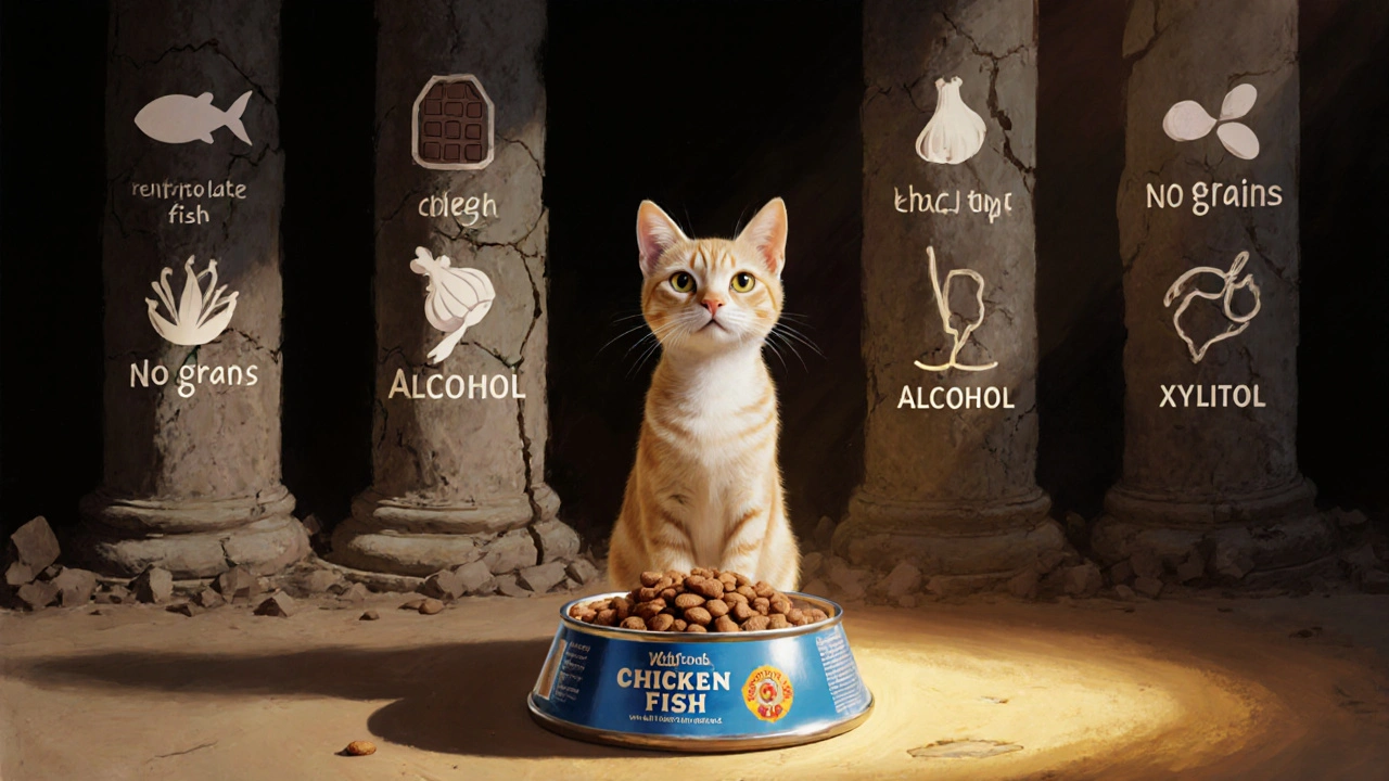 Кошка ест качественный корм, а за ней — силуэты опасных продуктов.