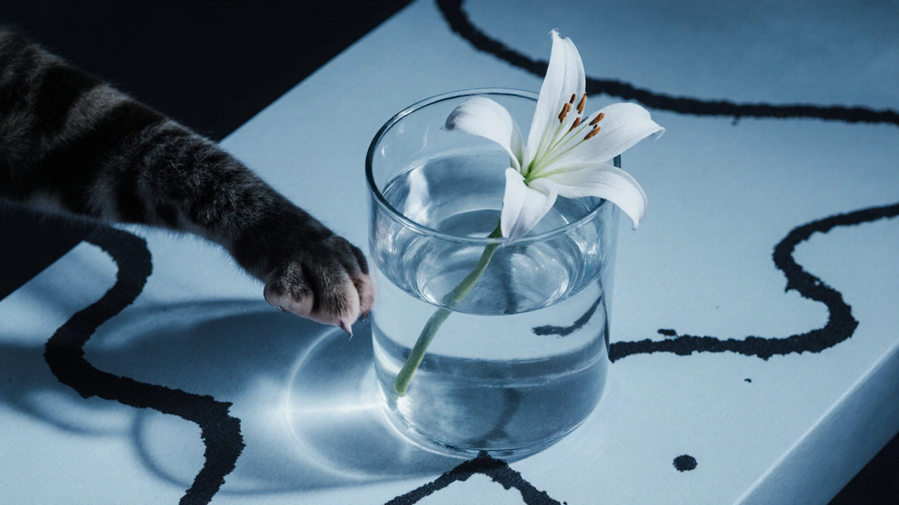 Кошка касается лепестка лилии, символизирующей смертельную угрозу.