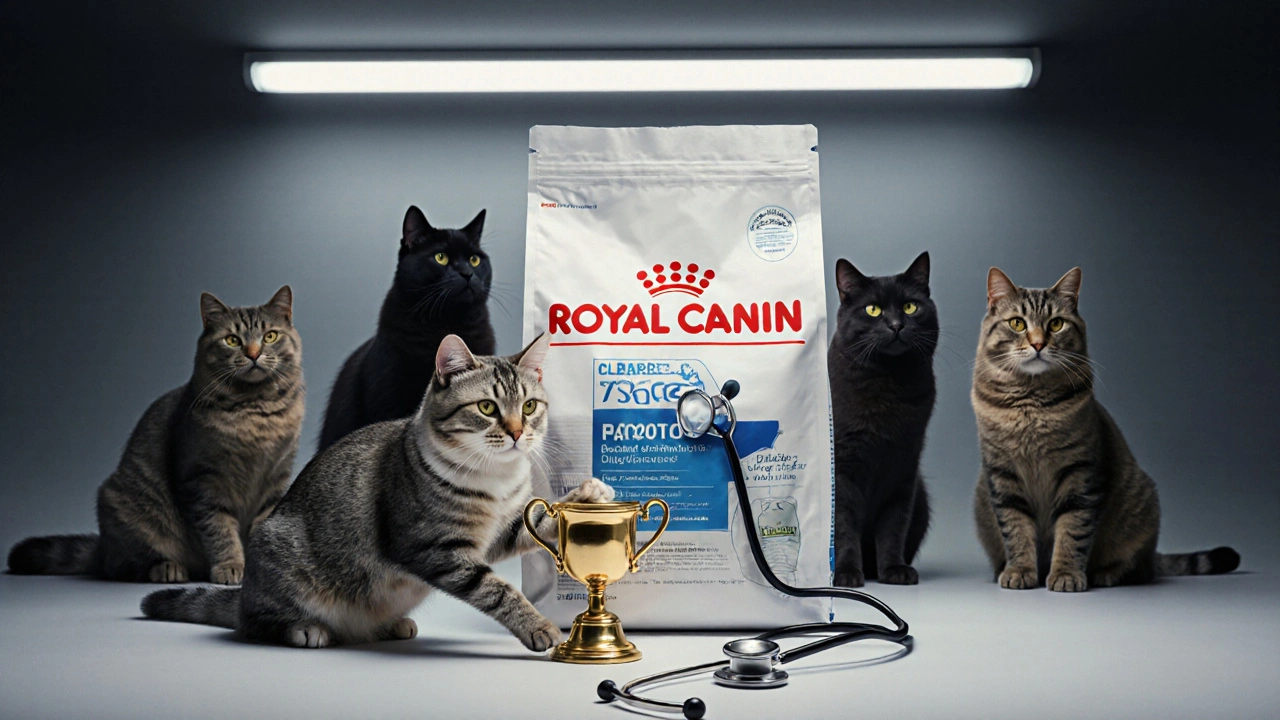 Кошка касается пакета Royal Canin, над которым висит ветеринарный стетоскоп, позади — другие кошки с признаками плохого здоровья.