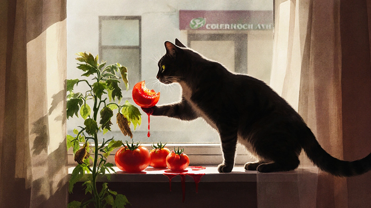 Кошка кусает зеленый помидор на подоконнике, листья и сок видны.