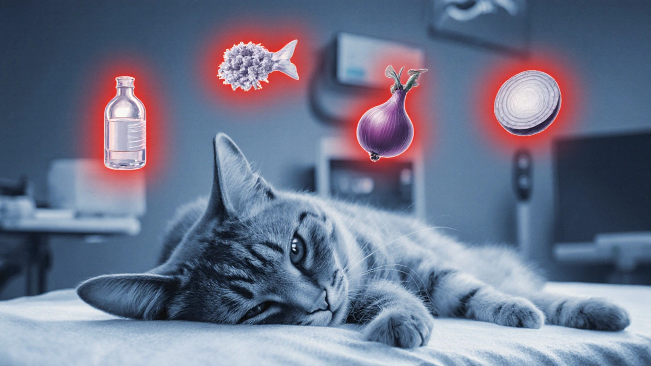 Кошка на ветеринарном столе, вокруг — опасные продукты: лук, виноград, кость.