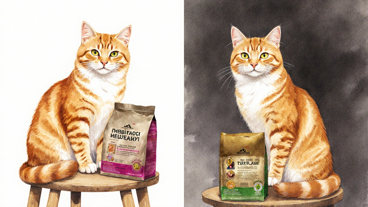 Кошка с блестящей шерстью стоит между двумя мешками корма: один качественный, другой — с зерном и добавками.