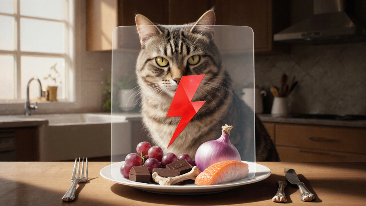 Кошка сидит у тарелки с запрещённой едой, между ней и едой — красная защитная вспышка.