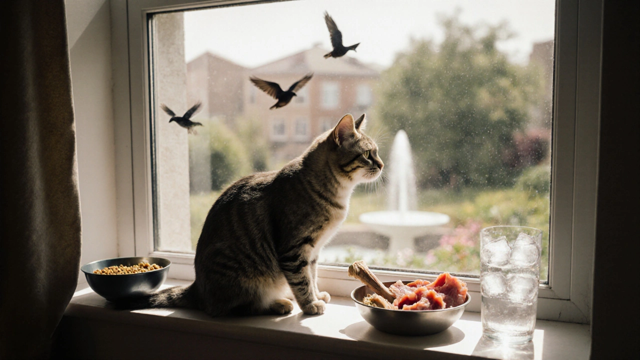 Кошка у окна, рядом — миски с влажным кормом и натуральной едой.