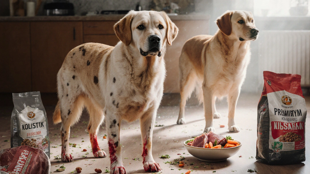 Лабрадор с проблемной шерстью рядом с упаковками премиум-корма, за ним — тот же пес, но здоровый, с натуральной едой.
