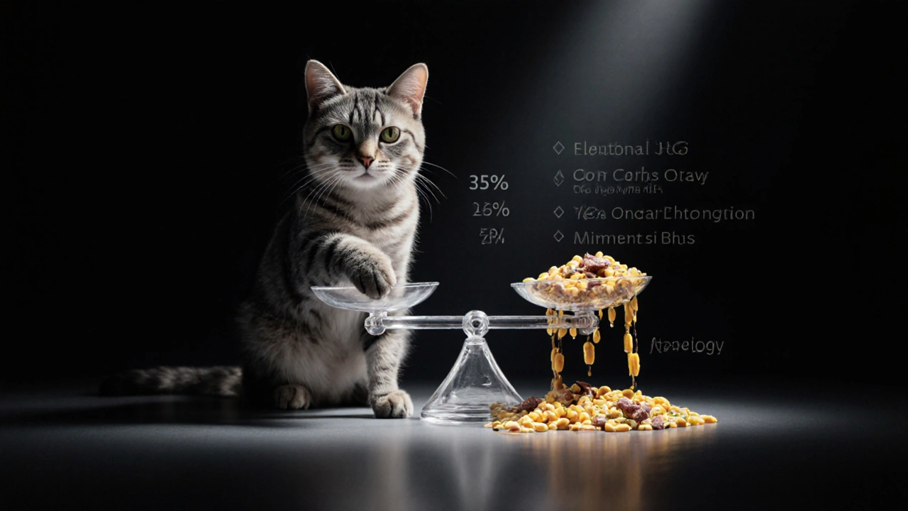 Лапа кошки касается весов, на одной стороне — сбалансированный состав корма, на другой — кукуруза и соя.