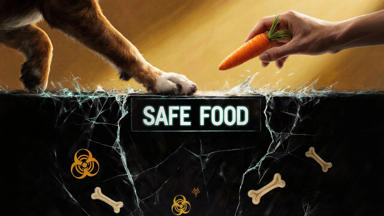 Лапа собаки переступает границу между безопасной и опасной едой, в тени — скрытые угрозы.