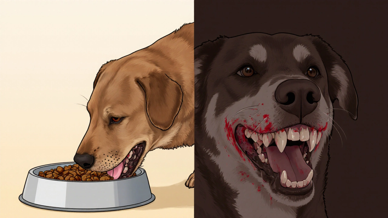 Одна собака здоровая с чистыми зубами, другая — с налетом и поврежденными зубами.