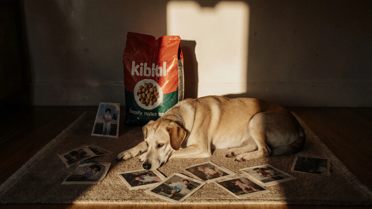 Пожилая собака на полу, рядом — тени от пакета с кормом, а вокруг — воспоминания о щенячьих днях.