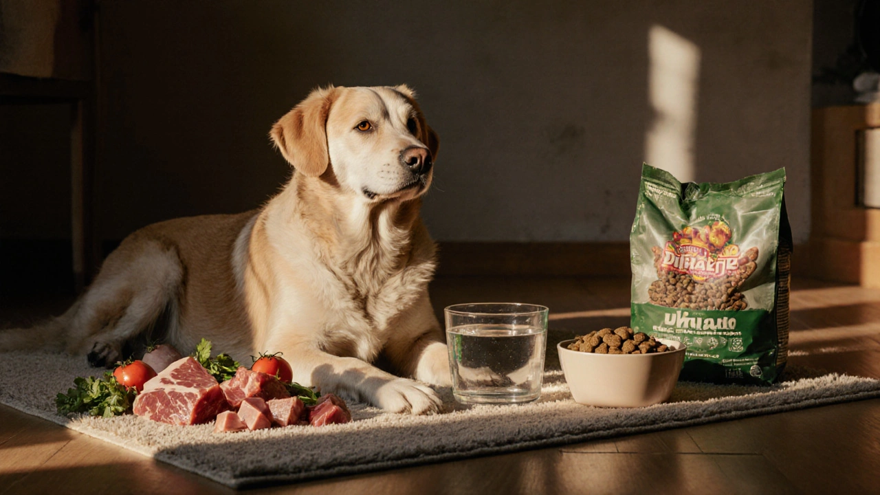 Пожилая собака отдыхает рядом с натуральной едой, пакет сухого корма в углу.
