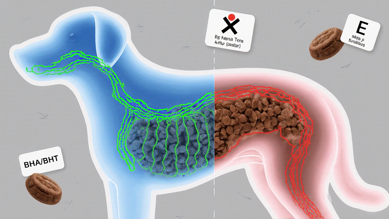 Прозрачная схема пищеварительной системы собаки с потоками полезных и вредных ингредиентов.