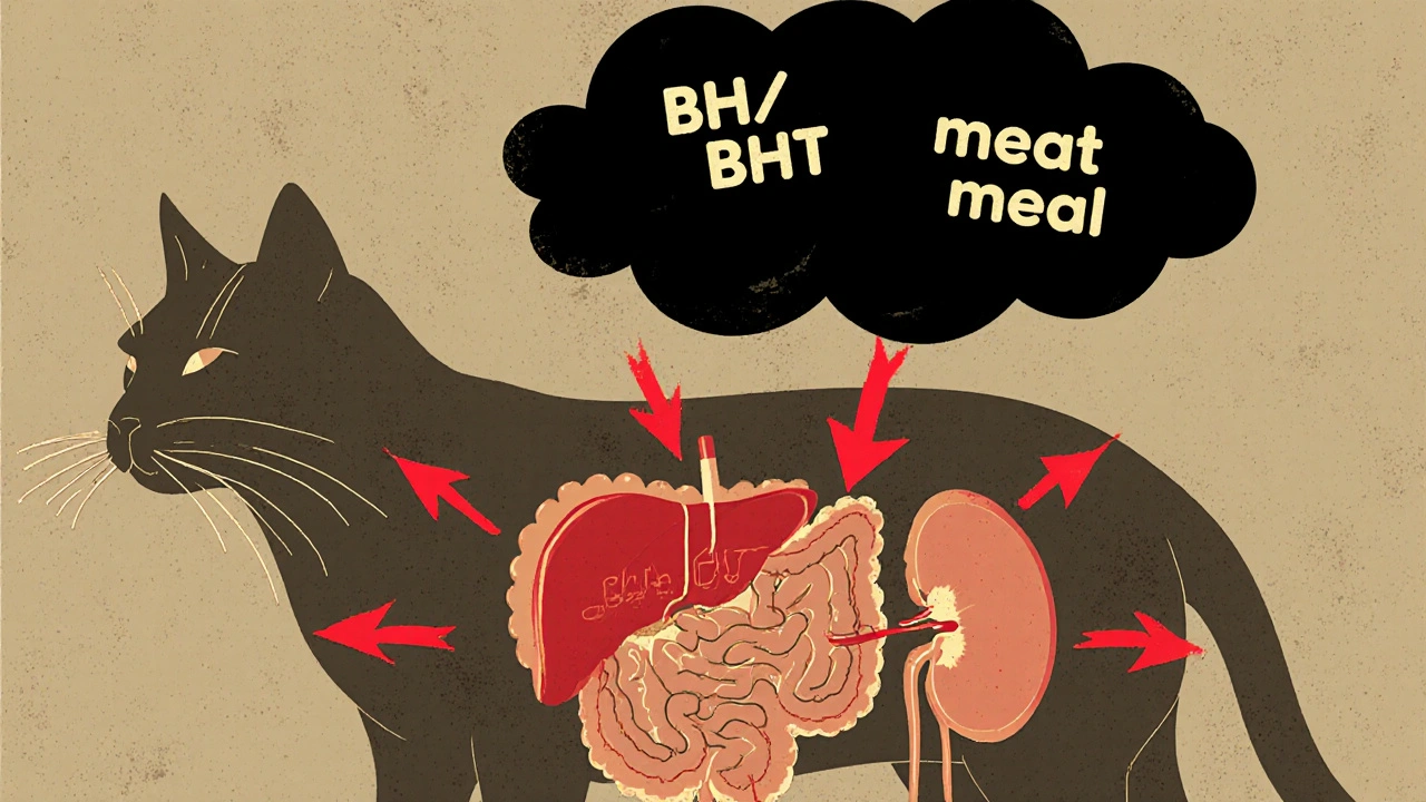 Прозрачный силуэт кошки с внутренними органами, показывающими вредные ингредиенты корма, влияющие на печень и почки.
