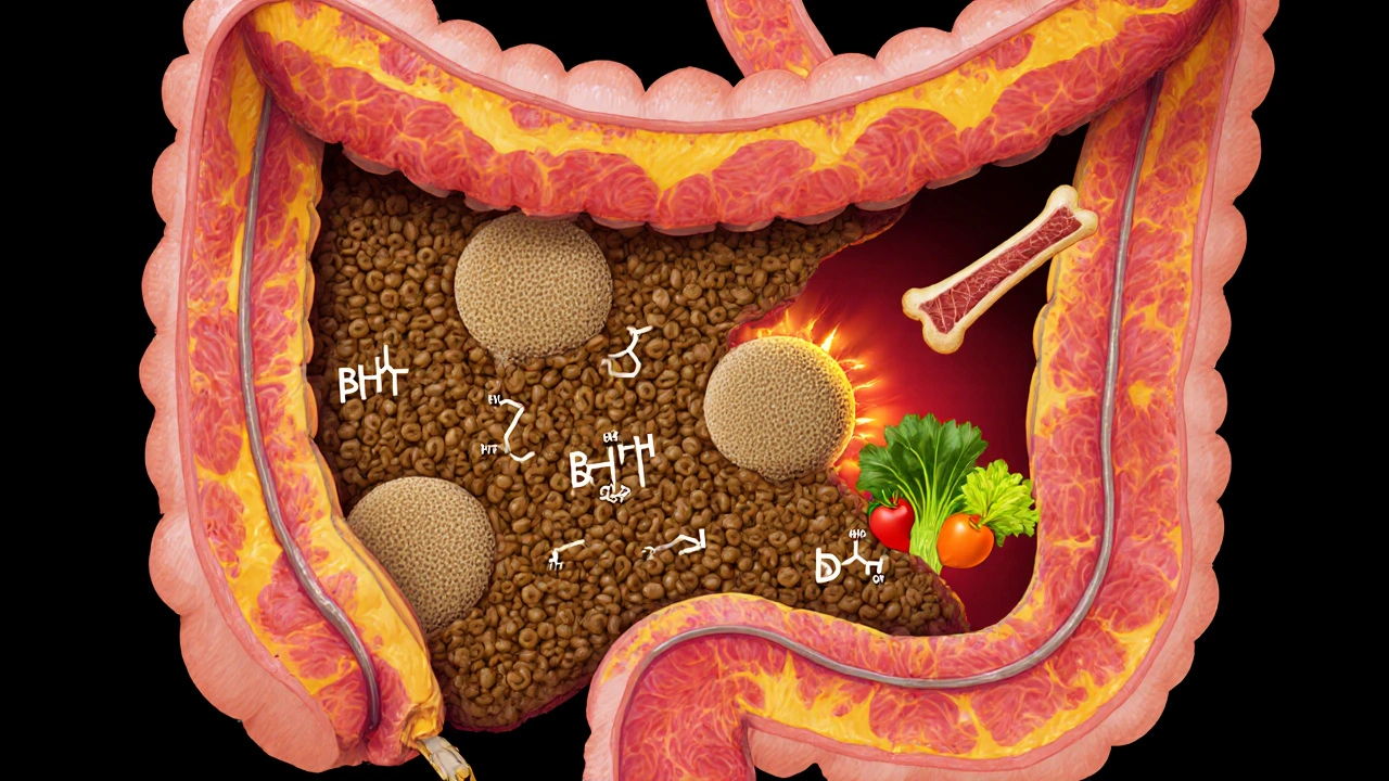 Разрез пищеварительной системы собаки с набухшими гранулами и химическими добавками внутри кишечника.