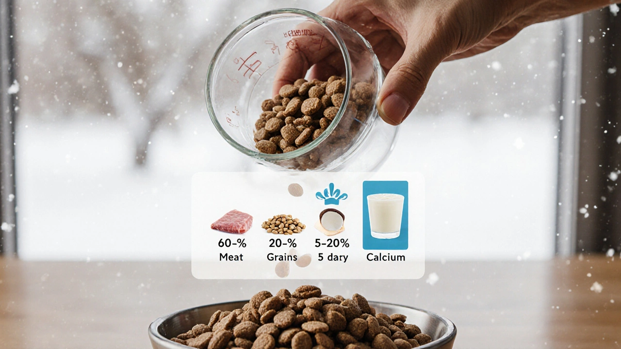 Рука человека наливает корм в миску, надписи показывают состав рациона: мясо, крупы, молочные продукты и скорлупа.