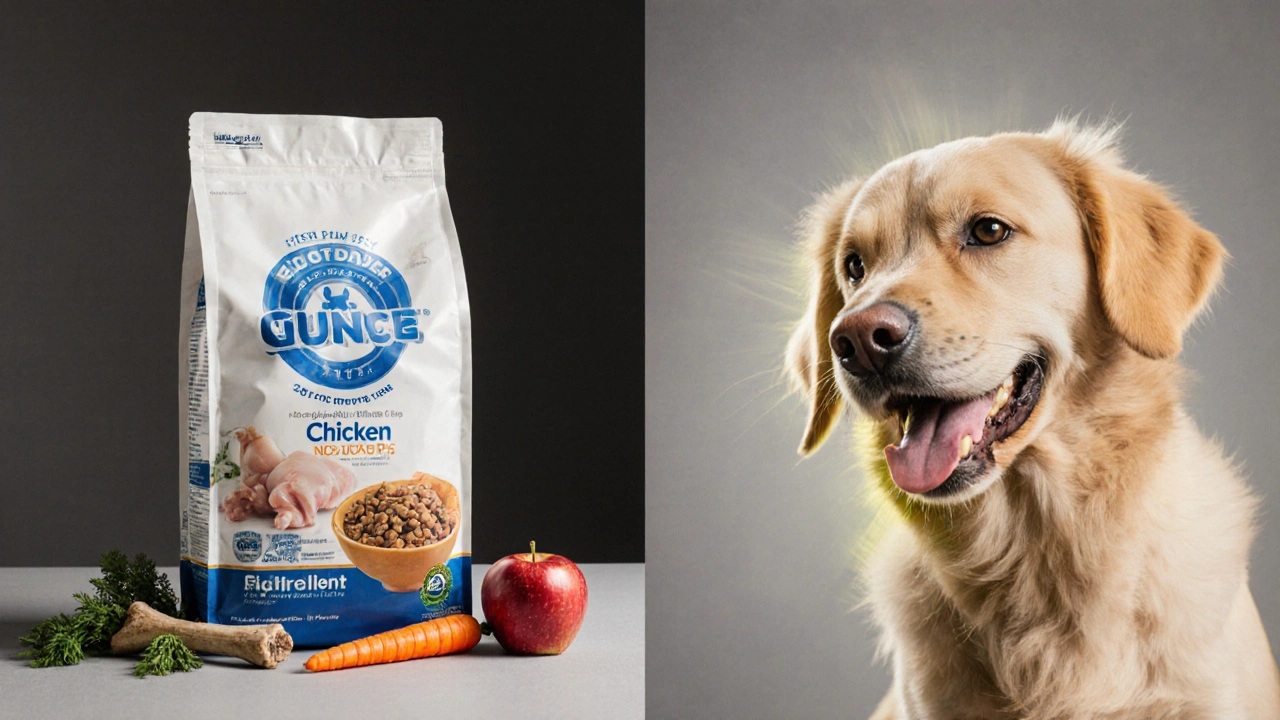 Сбалансированный рацион собаки: корм, овощи и мясо рядом с счастливым питомцем.