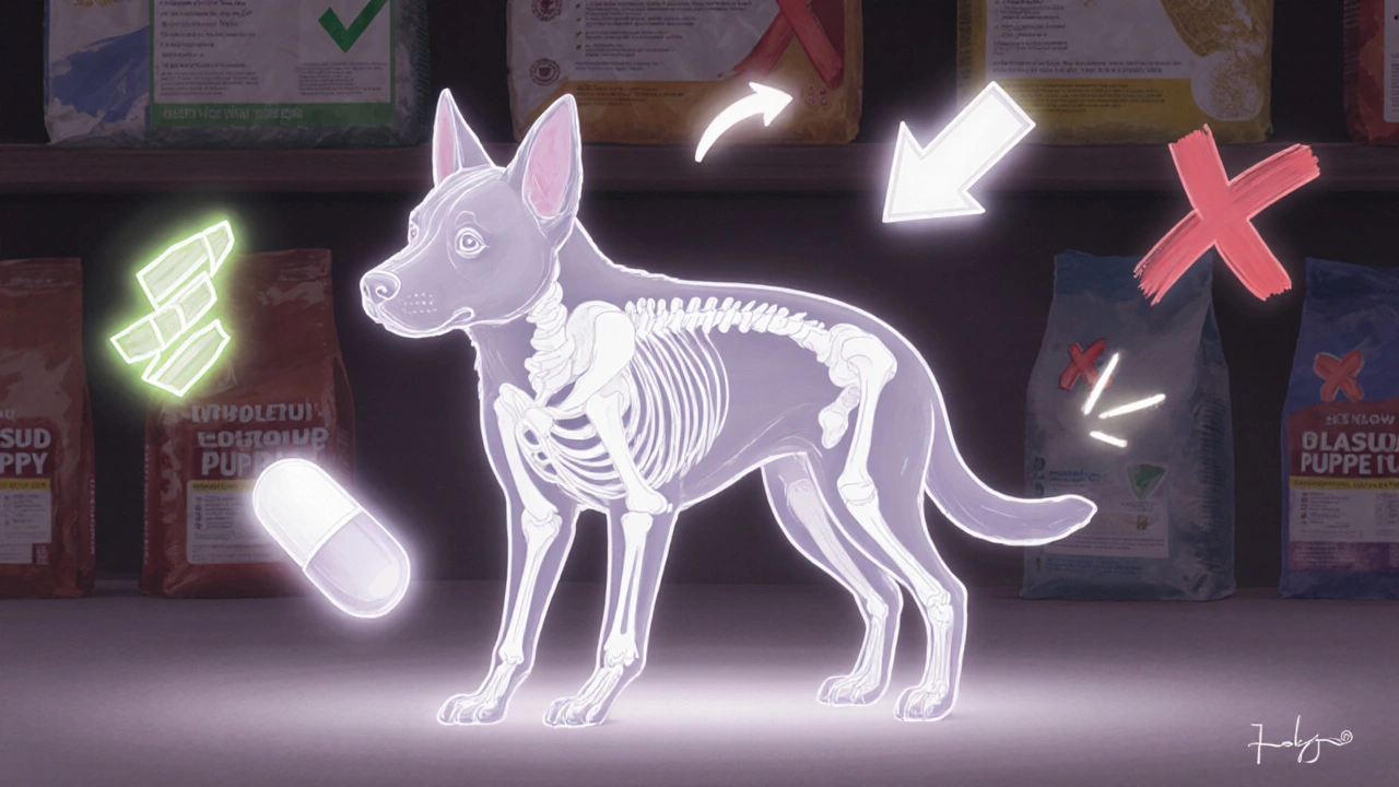 Щенок крупной породы с прозрачным телом, показывающим разрушение костей, вокруг — символы дисбаланса кальция и фосфора.