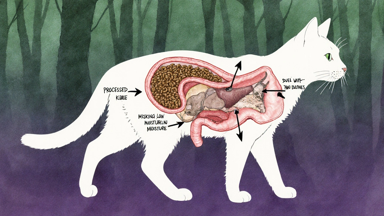 Схема пищеварения кошки: сравнение искусственного корма и натуральной добычи.