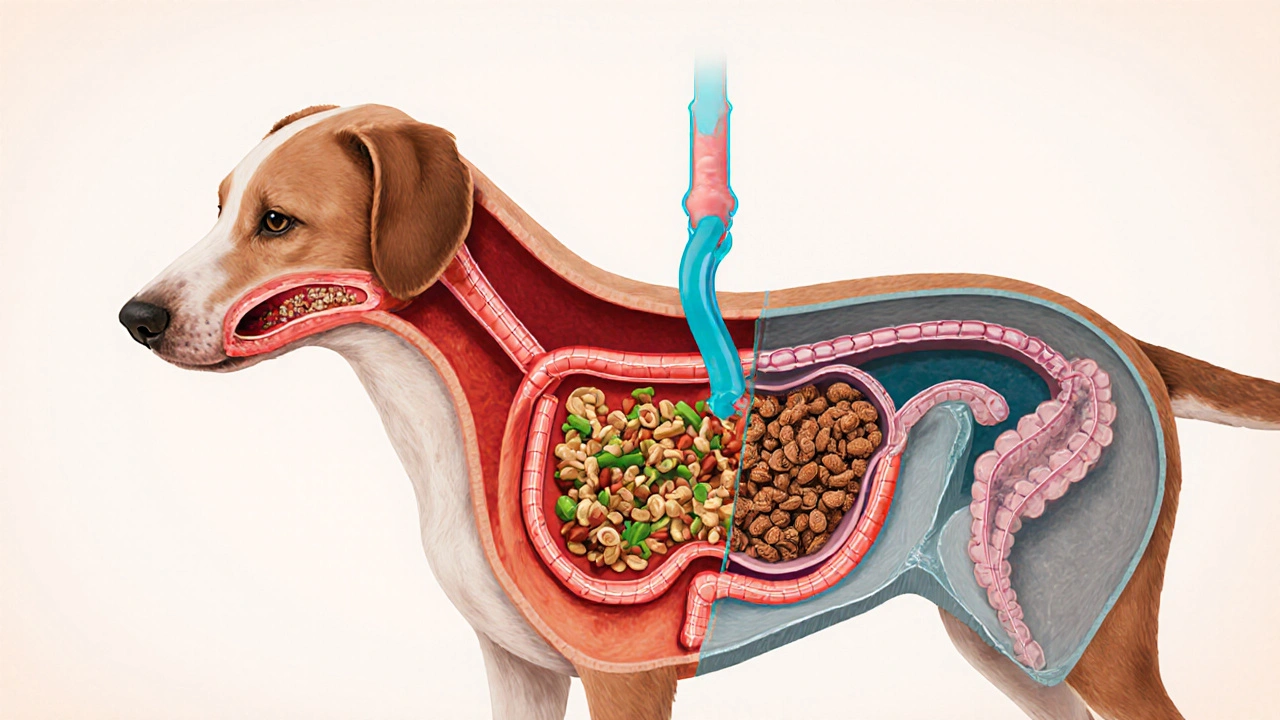 Схема пищеварения собаки: здоровое питание против сухого корма с визуальными различиями.