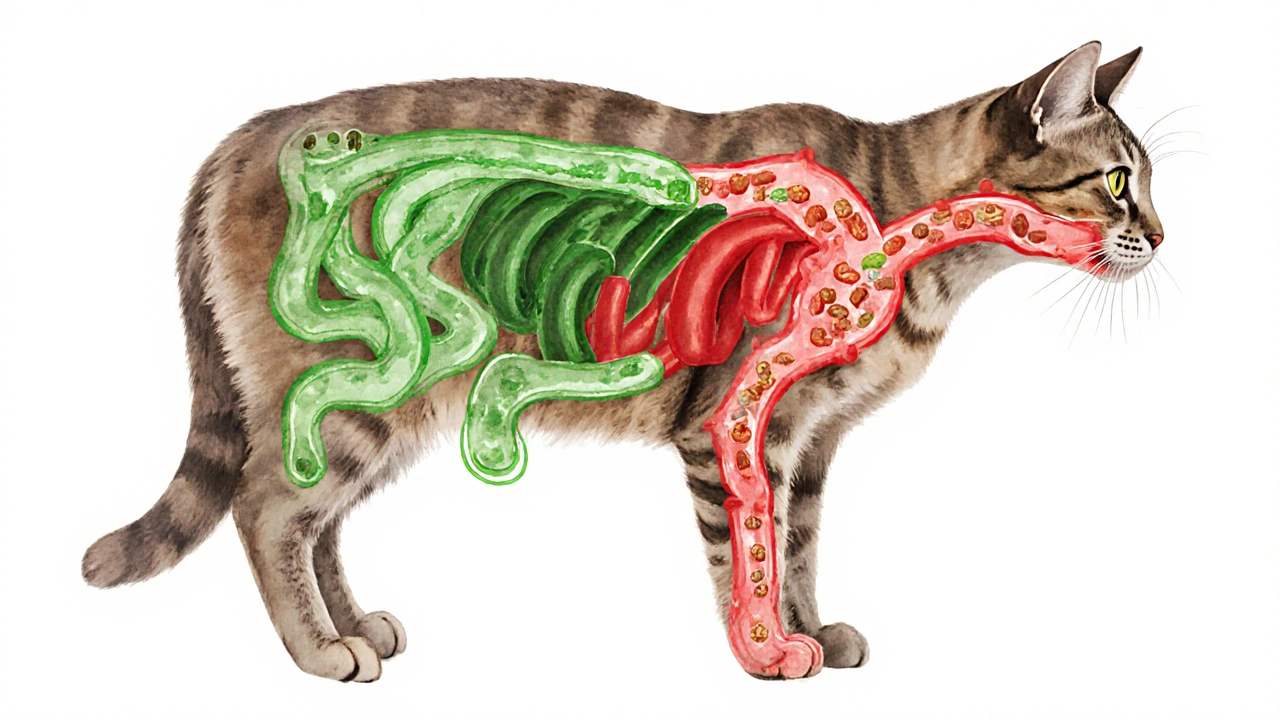 Схема пищеварительной системы кошки, показывающая здоровый и нездоровый поток пищи.
