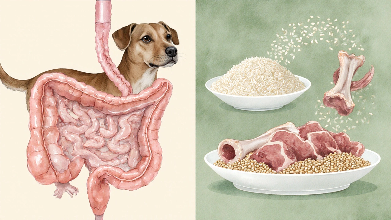 Схема пищеварительной системы собаки с сравнением мяса и кашевых углеводов.