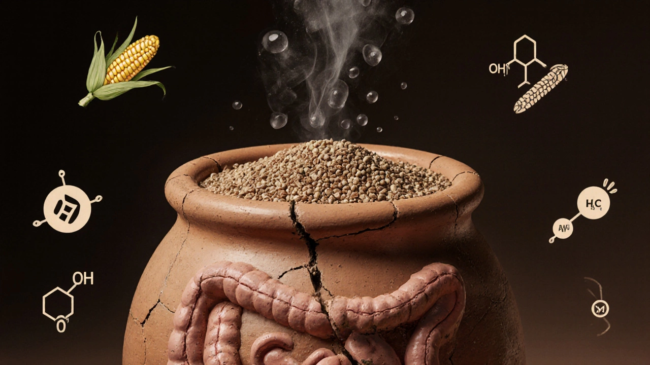 Схема пищеварительной системы собаки в виде треснувшего сосуда, наполненного гранулами и химическими символами, с испаряющейся водой.