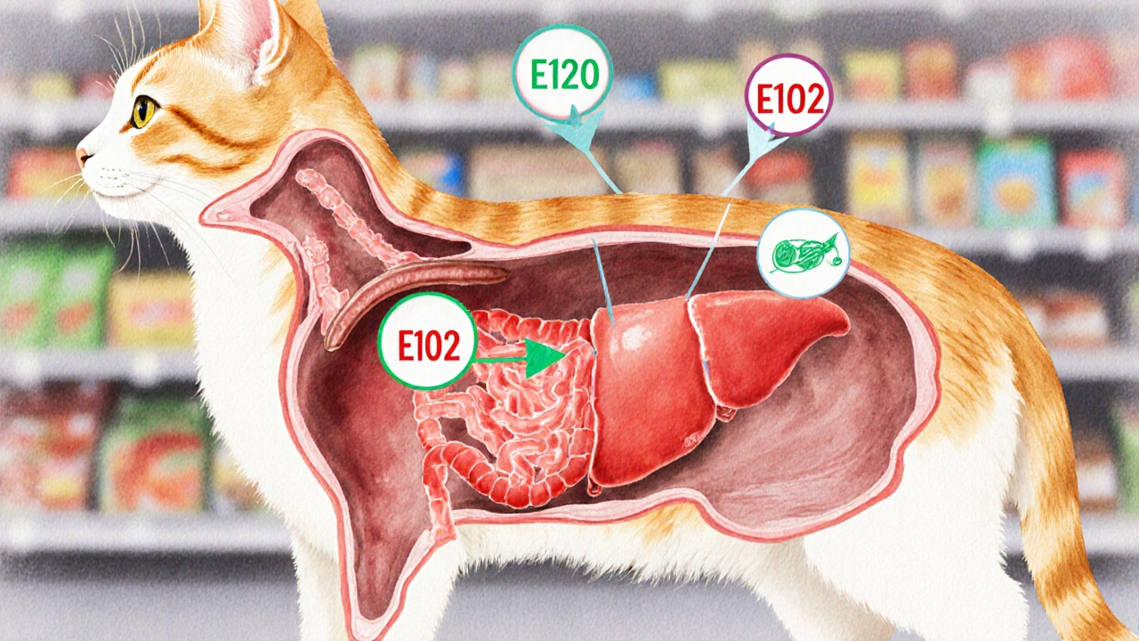 Схема внутренних органов кошки с воспалёнными кишечником и печенью, надписи химических добавок в воздухе.