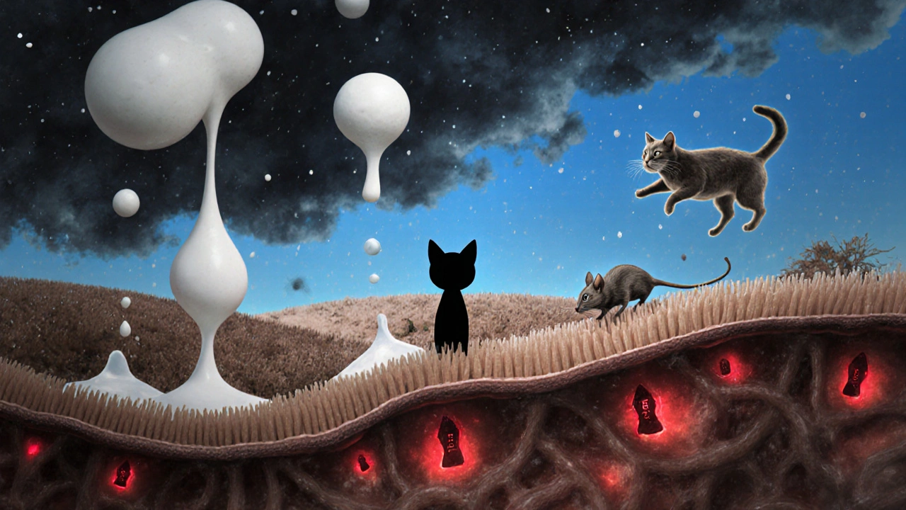 Схематичное изображение кишечника кошки, поражённого сметаной, в стиле фантазийного пейзажа.