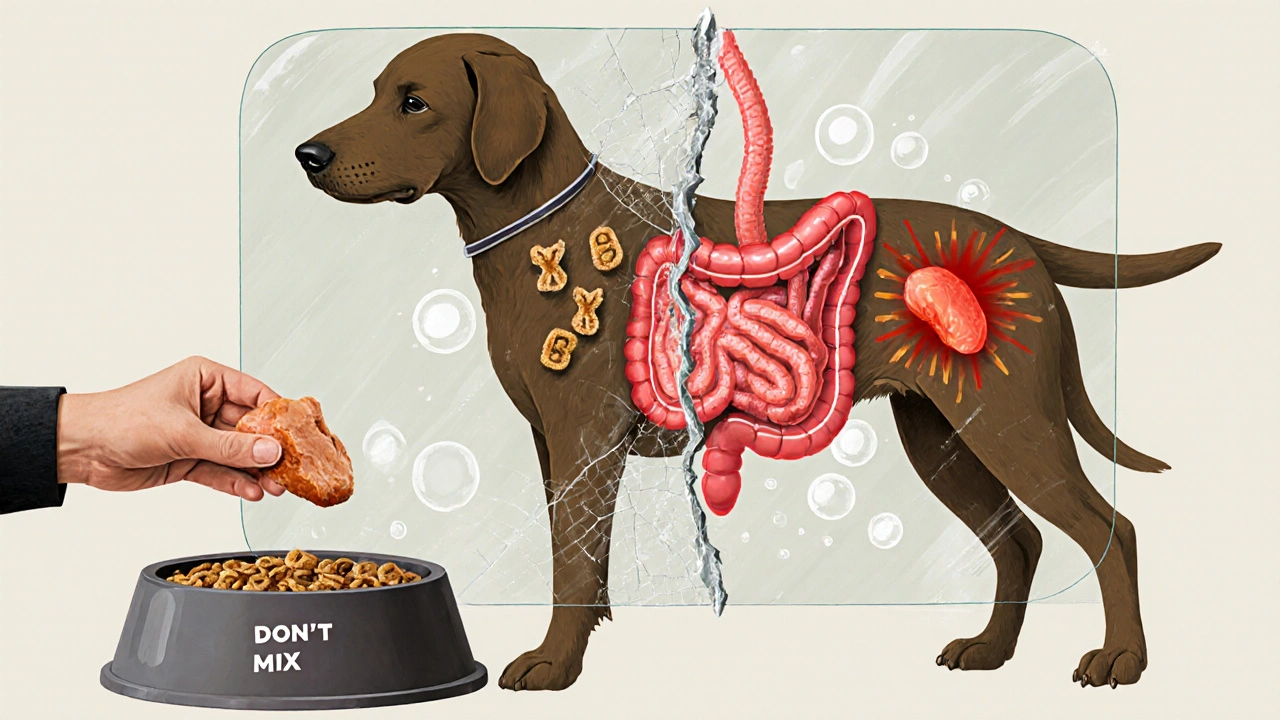 Схематичное изображение пищеварительного тракта собаки с двойным процессом: нормальным и патологическим.
