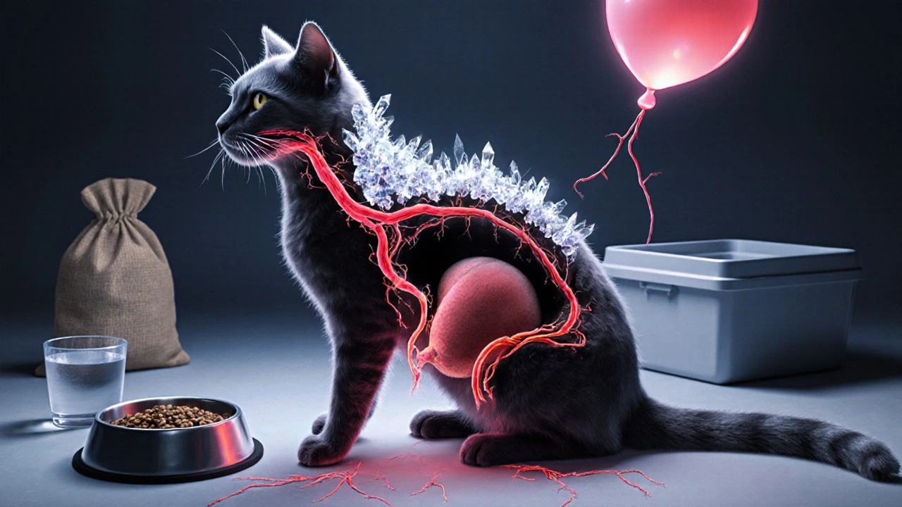 Схематичное изображение заблокированного мочевыводящего канала у кота с кристаллами и токсинами.