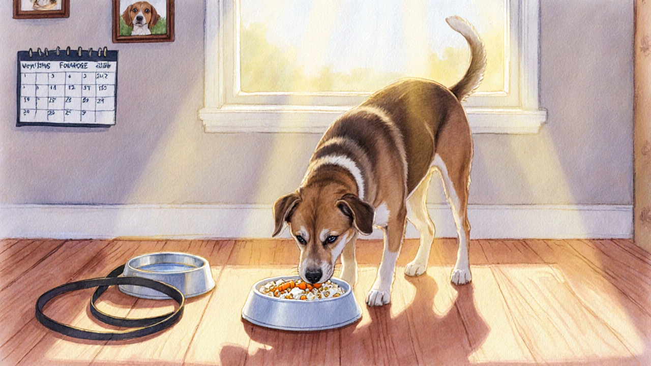 Собака ест смесь творога и моркови с овсянкой из миски на деревянном полу.