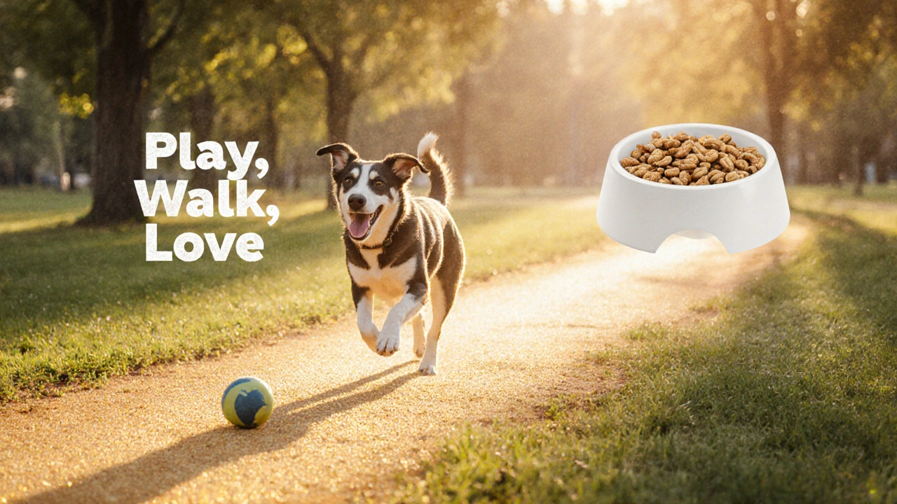 Собака играет в парке, символизируя радость через активность, а не еду.