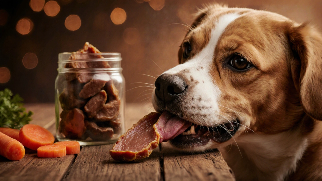 Собака лизнет сушеную говяжью печень на деревянном столе.