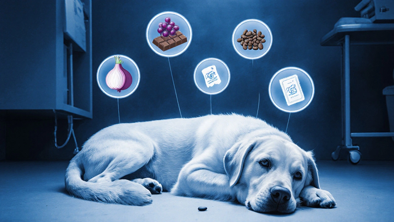 Собака на полу ветклиники, вокруг неё парят символы токсичных продуктов: виноград, лук, шоколад.